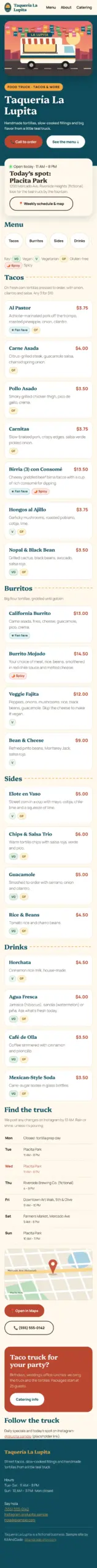 Sample menu website for TaquerÃa La Lupita, a fictional taco truck, on a phone